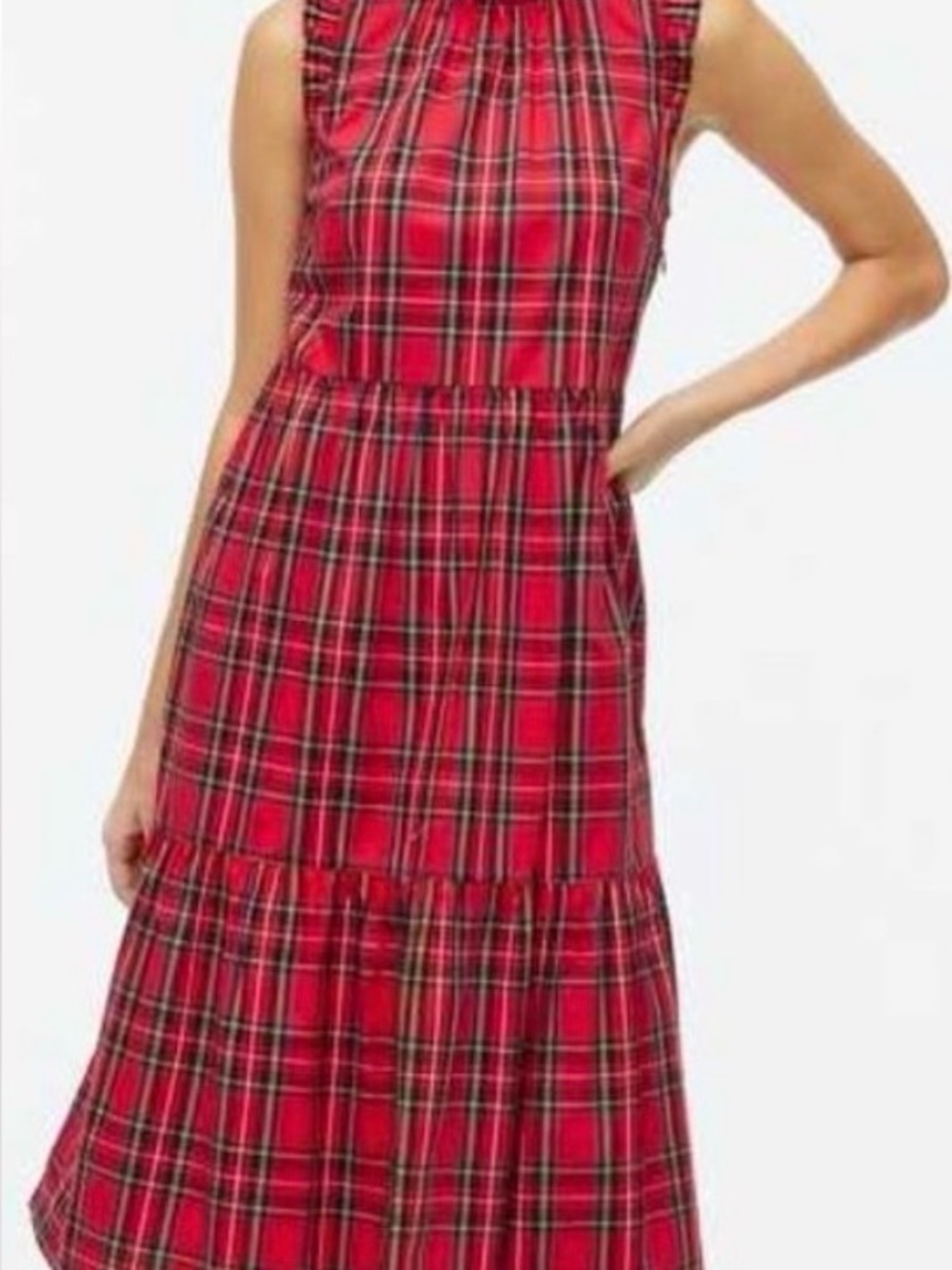 Red Tartan Tiered Midi Dress with Ruffle Sleeves